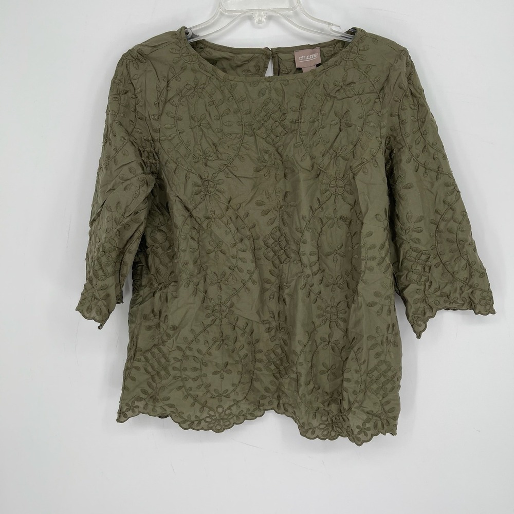 Chico's Women's Olive Green Eyelet Embroidered Scalloped Blouse Size‎ 1 (M)